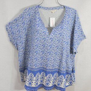 Lucky Brand Women's Blouse 3X Blue Floral Print Border Boxy loose Cropped V-Neck